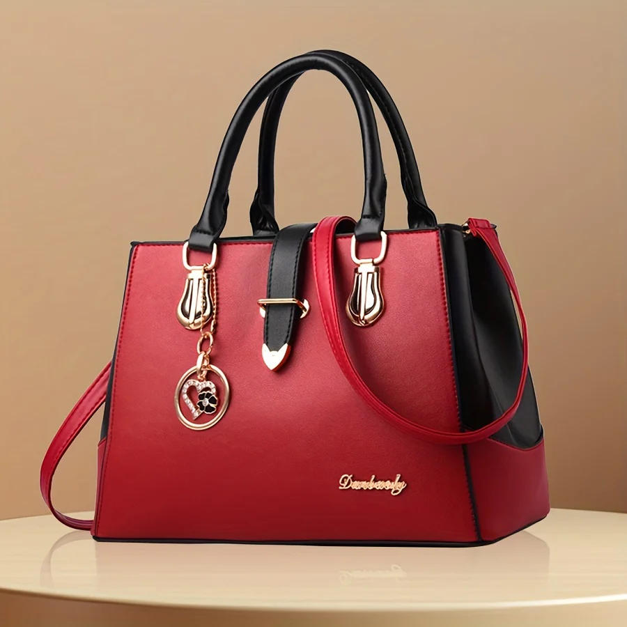 Women's Letter Detail Shoulder Bag, Elegant Double Handle Purse, Simple Large Handbag For Work - Image 9