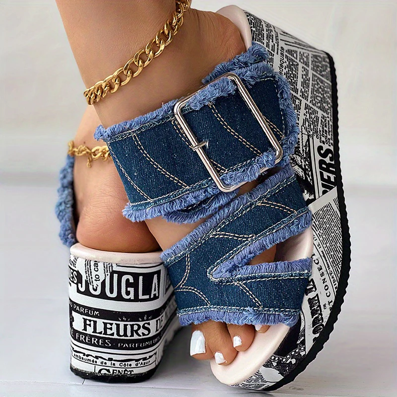 Women's Letter Print & Denim Canvas Sandals, Slip-on Buckle Wedge Heel Shoes, Fashion & Summer Women's Shoes - Image 13