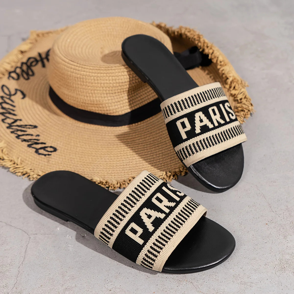 Womens Letter Print Slides - Ultra-Lightweight & Effortlessly Chic - Breathable Knitted Band Flats for Summer Casual Beach Wear - Quick-Dry, Stylish & Trendy - Image 5