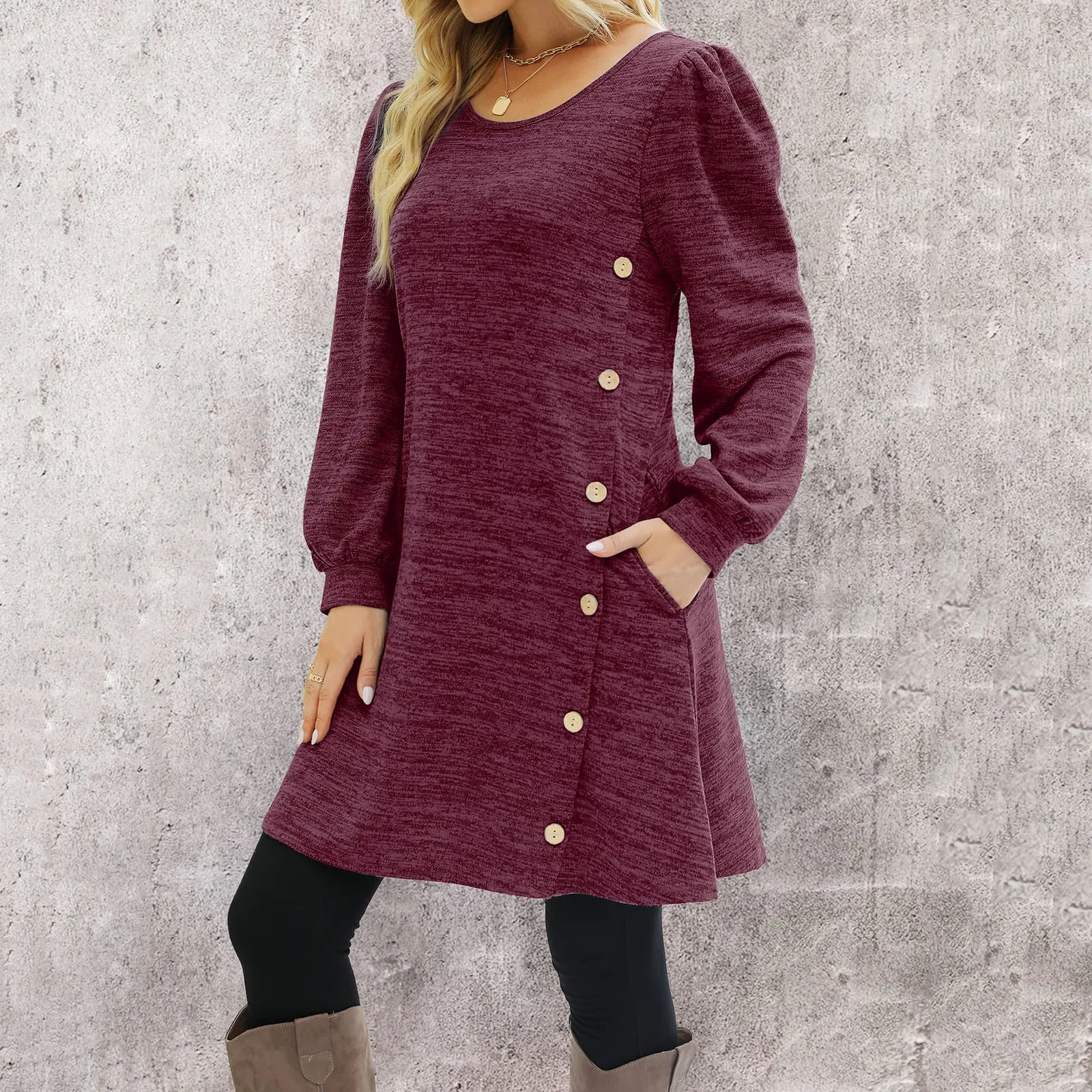 Women's Long Sleeve Dresses Fashion Button Side Scoop Neck Autumn Dress Women Solid Color Tunic Pockets Casual Mini Dress - Image 3