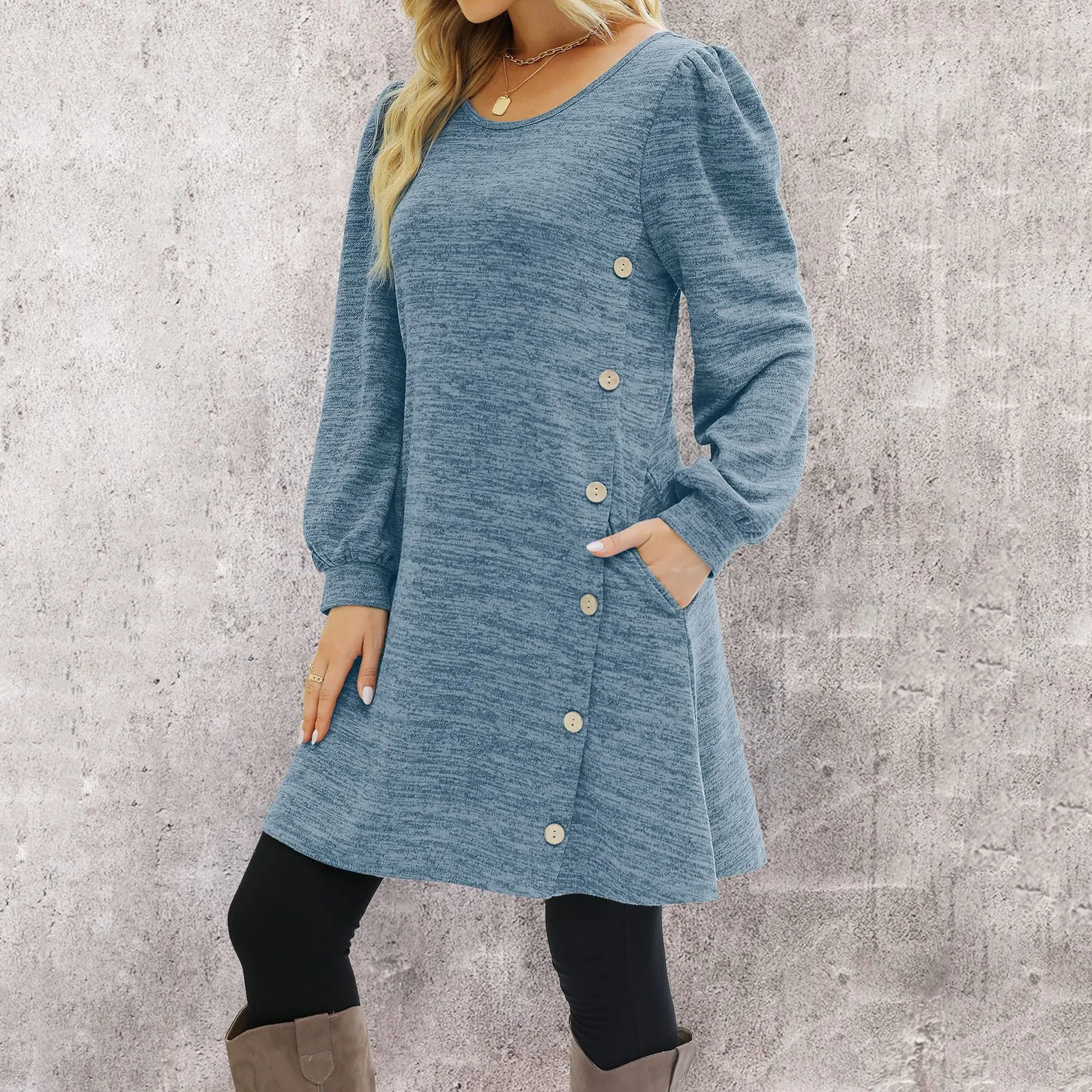 Women's Long Sleeve Dresses Fashion Button Side Scoop Neck Autumn Dress Women Solid Color Tunic Pockets Casual Mini Dress - Image 4