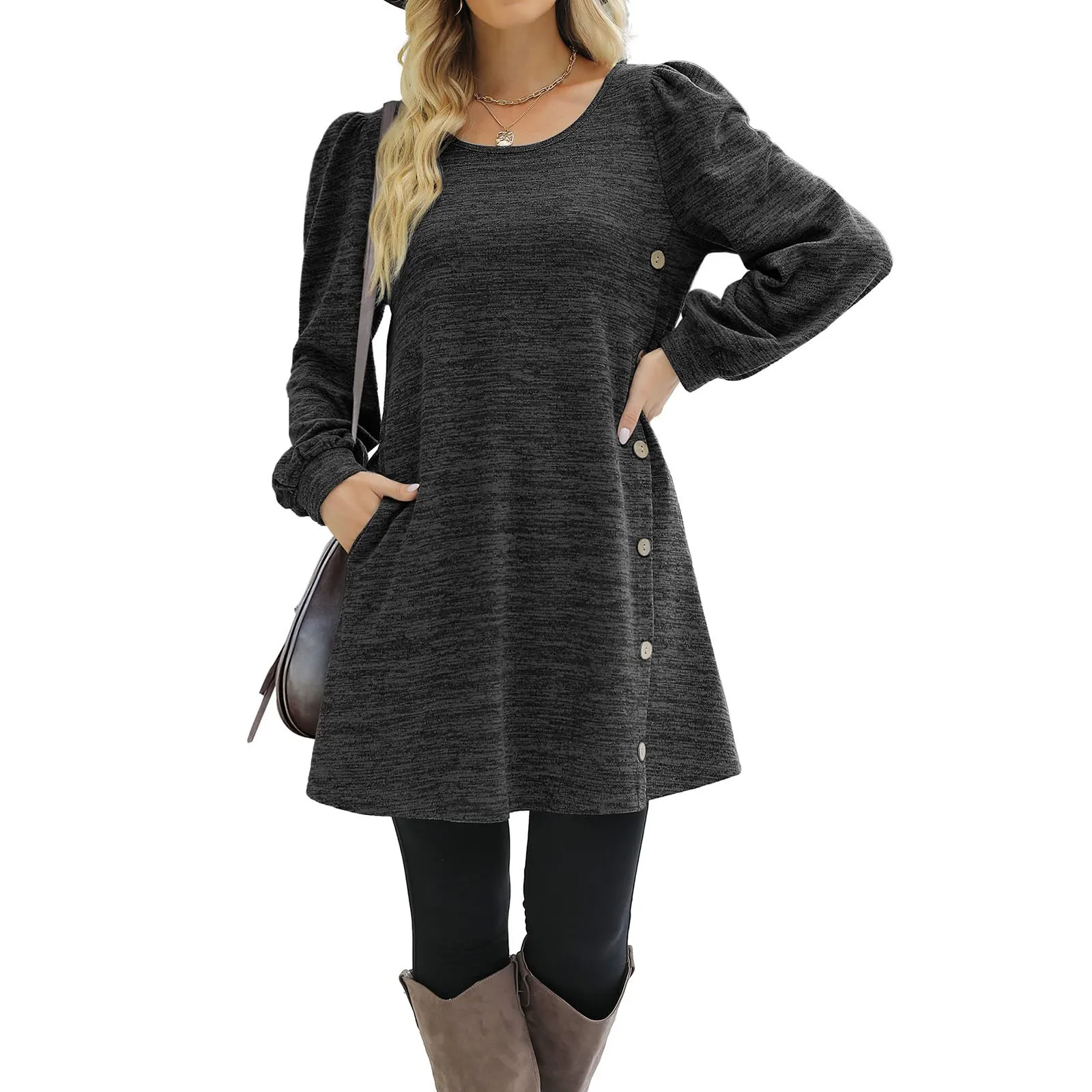 Women's Long Sleeve Dresses Fashion Button Side Scoop Neck Autumn Dress Women Solid Color Tunic Pockets Casual Mini Dress - Image 7
