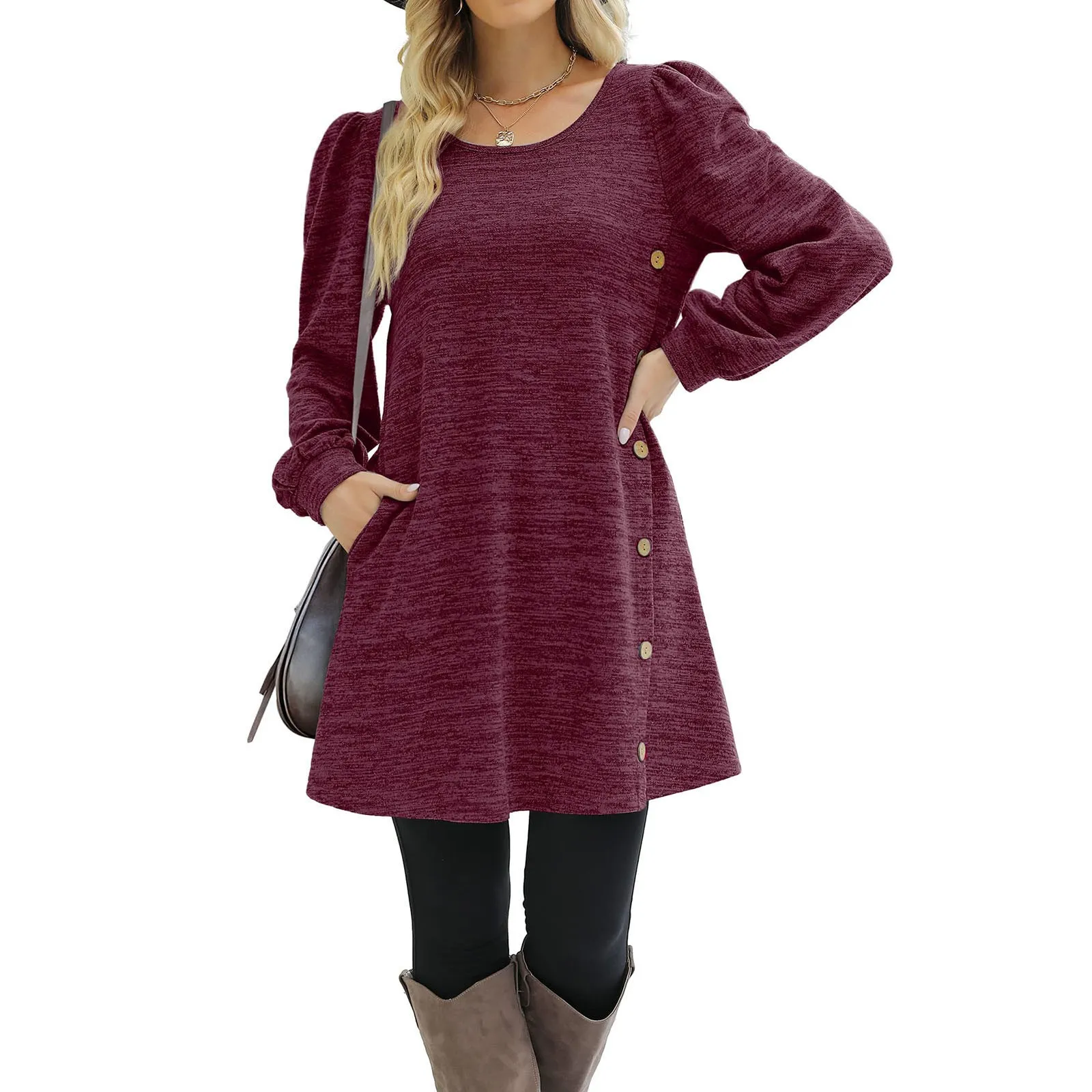 Women's Long Sleeve Dresses Fashion Button Side Scoop Neck Autumn Dress Women Solid Color Tunic Pockets Casual Mini Dress - Image 9