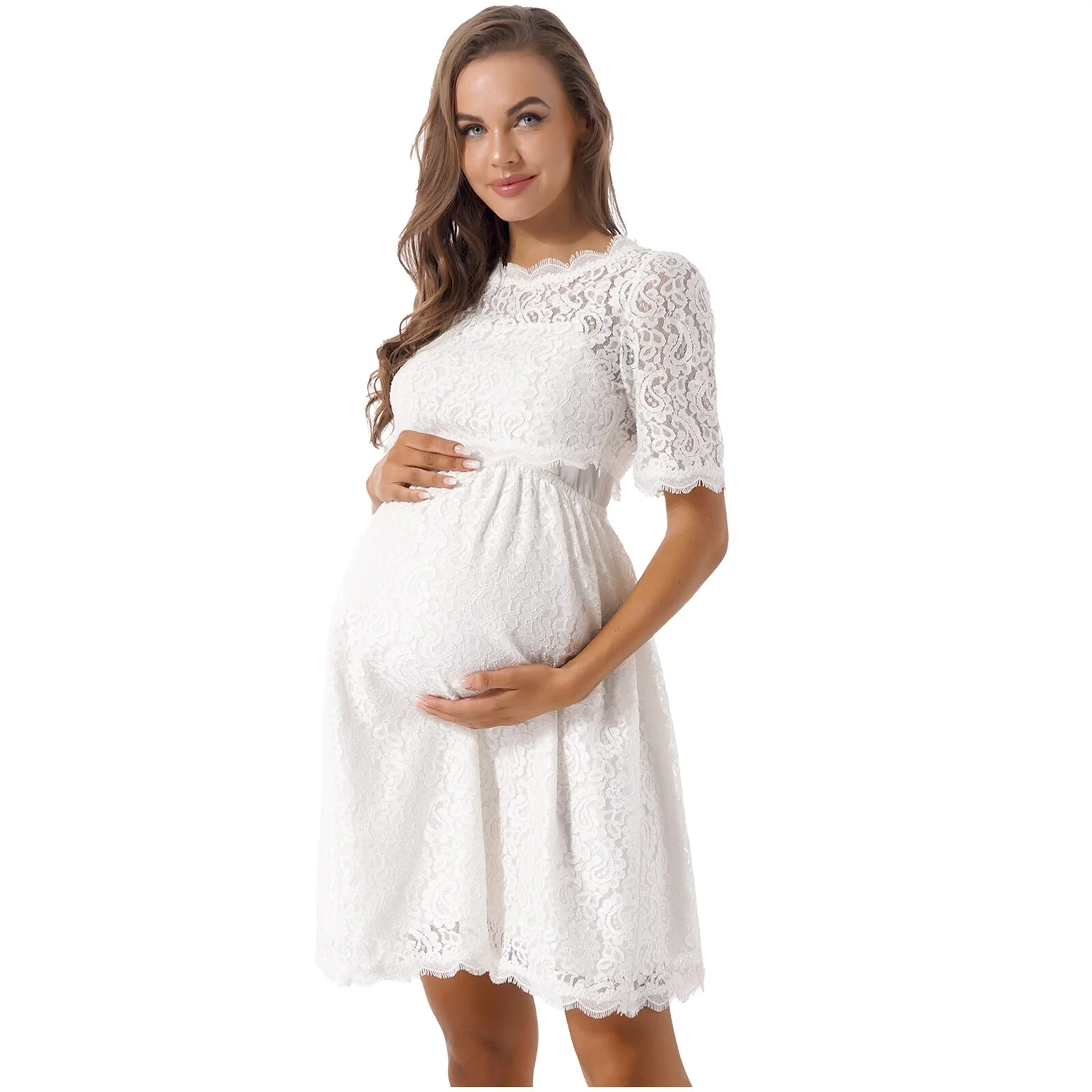 Womens Maternity Elegant Floral Lace Overlay V Neck Half Sleeve Knee Length Pregnant Photography Dress for Formal Evening Party - Image 4