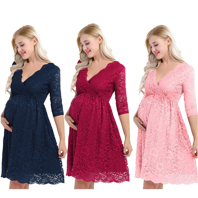 Womens Maternity Elegant Floral Lace Overlay V Neck Half Sleeve Knee Length Pregnant Photography Dress for Formal Evening Party - Image 9