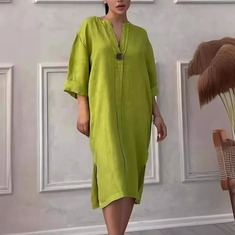 Women's New Cotton and Linen Solid Color Casual Round Neck Button Long Dress - Image 5