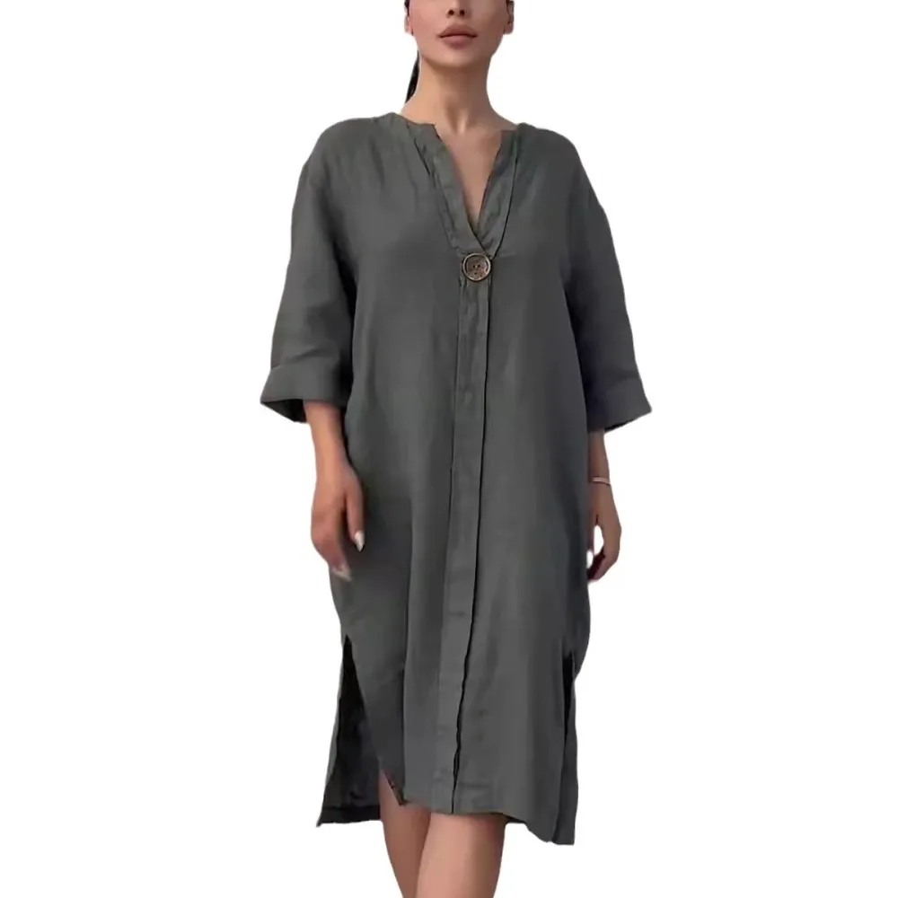 Women's New Cotton and Linen Solid Color Casual Round Neck Button Long Dress - Image 6