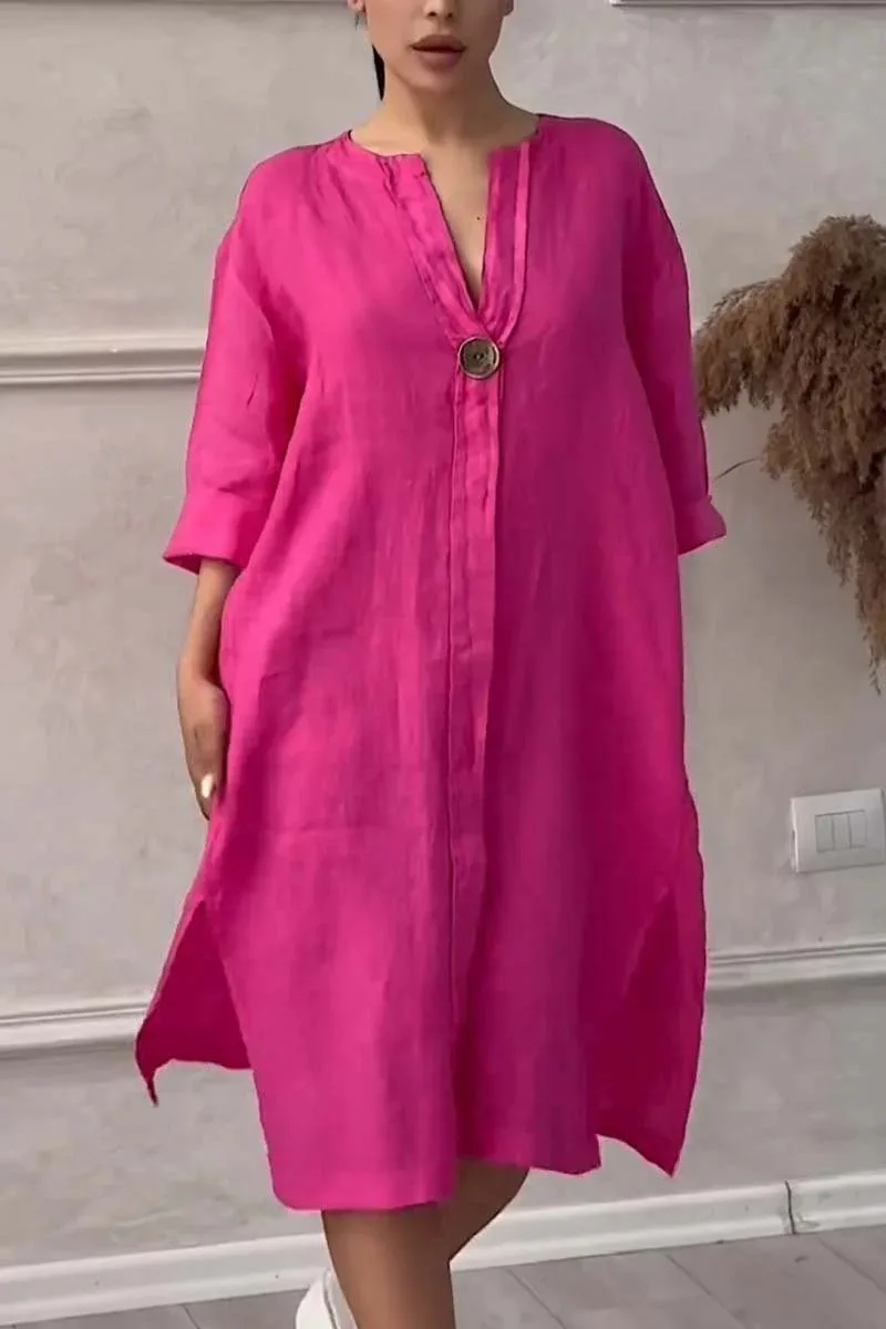 Women's New Cotton and Linen Solid Color Casual Round Neck Button Long Dress - Image 8