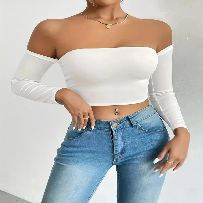 Women's Off Shoulder Long Sleeve Crop Top - Casual Spring/Fall Shirt - Image 5