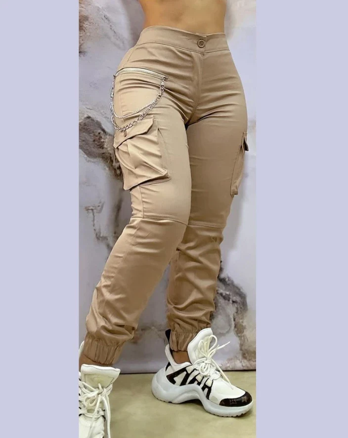 Women's Pants 2024 Autumn Winter Fashion Casual Work Pants Chain Decor Pocket Design Cuffed Cargo Pants Shipped Within 48 Hours - Image 3