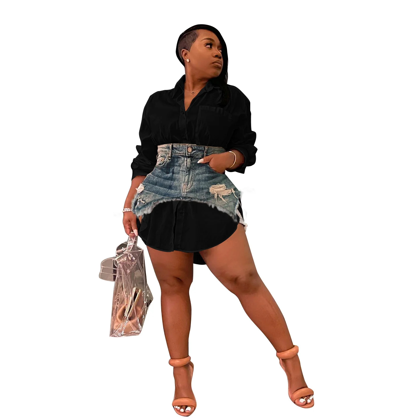 Women's Patchwork Dress Long-sleeved Shirt Cute Dress Jeans 2 Piece Set Women's Shirt Casual Dress - Image 2