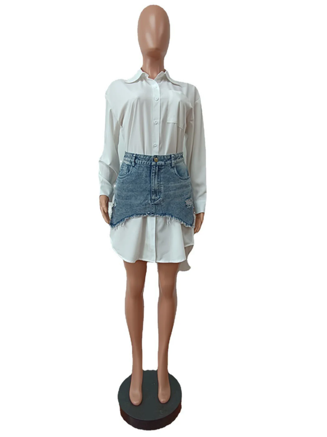 Women's Patchwork Dress Long-sleeved Shirt Cute Dress Jeans 2 Piece Set Women's Shirt Casual Dress - Image 6