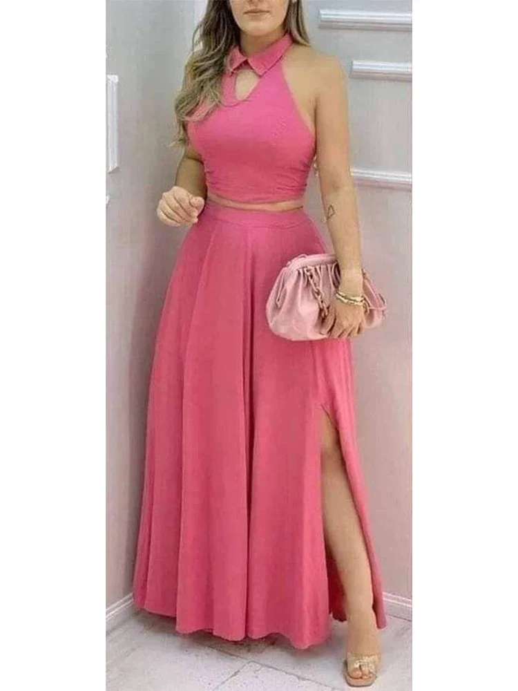Women's Pink Two Piece Set Halter Collar Crop Top Split Maxi Skirt Ideal for Evening Parties Summer Weddings Chic Outings - Image 3