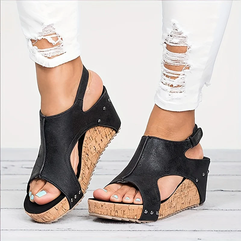 Women's Platform Wedge Sandals, Open Toe Cut-out Slingback Heels, Fashion Wood Grain Sandals - Image 20