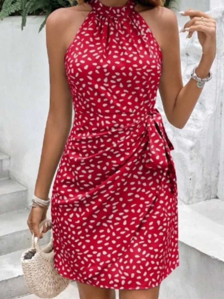 Women's Print Floral Dress Fashion Elegant Sexy Sleeveless Neck-mounted Mini Dresses Lady Summer Casual Beach Party Dress Femmes - Image 3