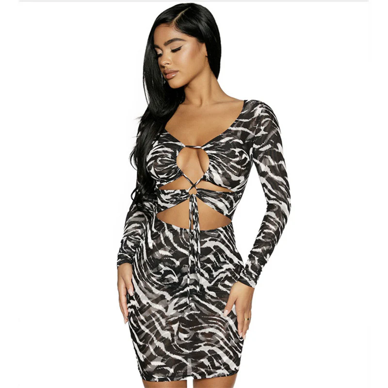 Women's printed bandage see-through mesh sexy nightclub long-sleeved dress casual dress - Image 6