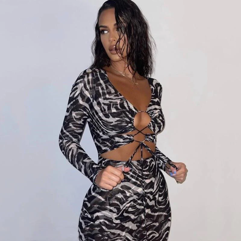 Women's printed bandage see-through mesh sexy nightclub long-sleeved dress casual dress - Image 7
