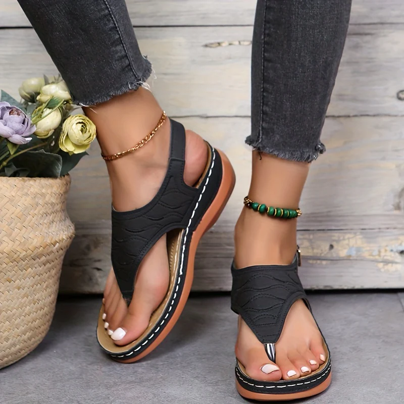 Womens Retro Charm Wedge Sandals - Comfort Thong, Adjustable Buckle, Open Toe Slingback - Casual Solid Color Style