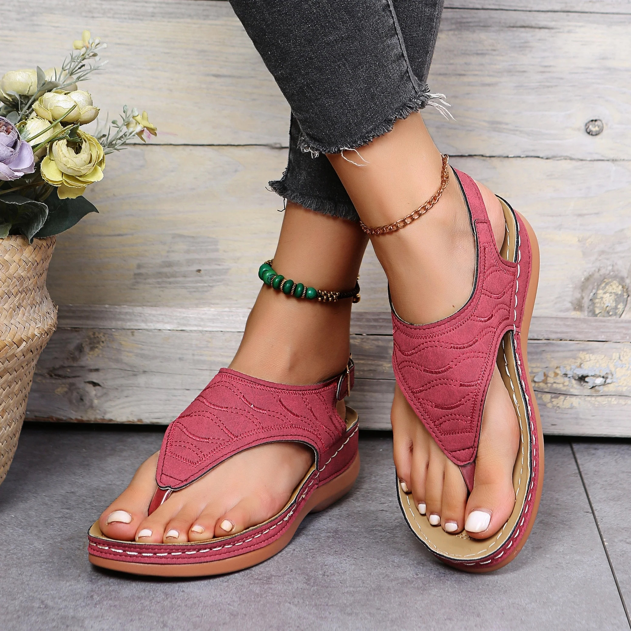 Womens Retro Charm Wedge Sandals - Comfort Thong, Adjustable Buckle, Open Toe Slingback - Casual Solid Color Style - Image 10