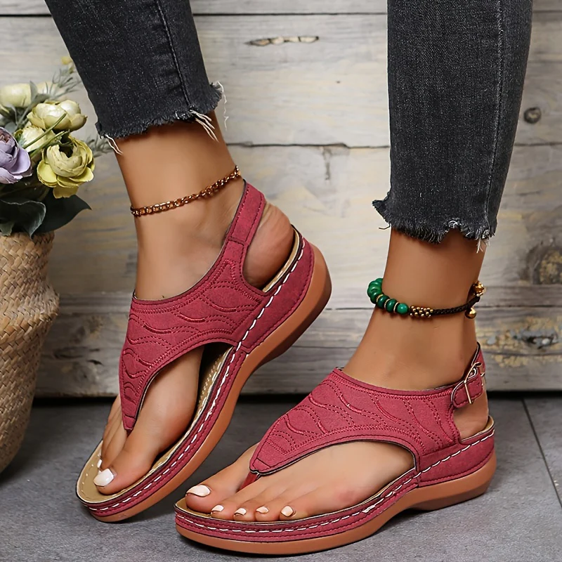 Womens Retro Charm Wedge Sandals - Comfort Thong, Adjustable Buckle, Open Toe Slingback - Casual Solid Color Style - Image 22