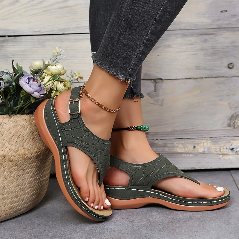 Womens Retro Charm Wedge Sandals - Comfort Thong, Adjustable Buckle, Open Toe Slingback - Casual Solid Color Style - Image 3