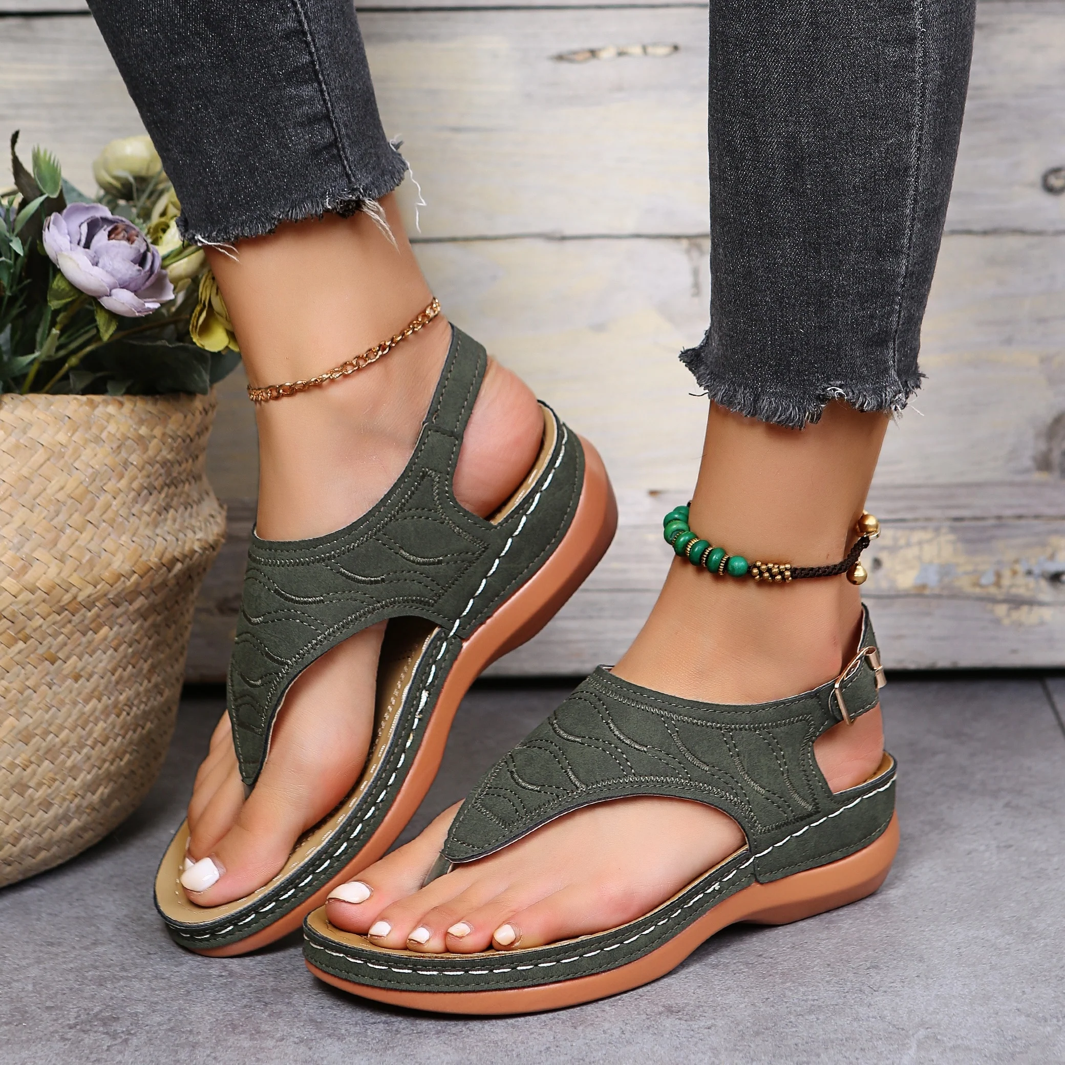 Womens Retro Charm Wedge Sandals - Comfort Thong, Adjustable Buckle, Open Toe Slingback - Casual Solid Color Style - Image 4