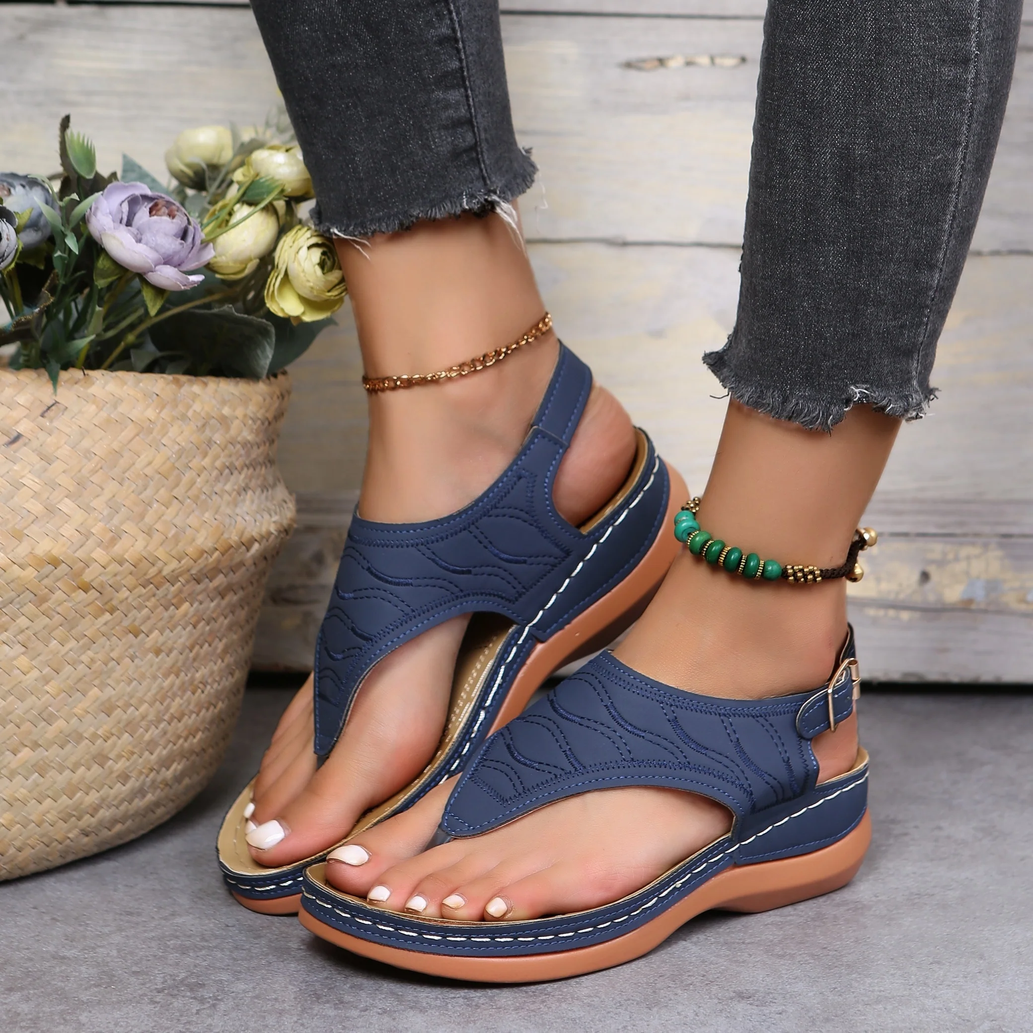 Womens Retro Charm Wedge Sandals - Comfort Thong, Adjustable Buckle, Open Toe Slingback - Casual Solid Color Style - Image 6