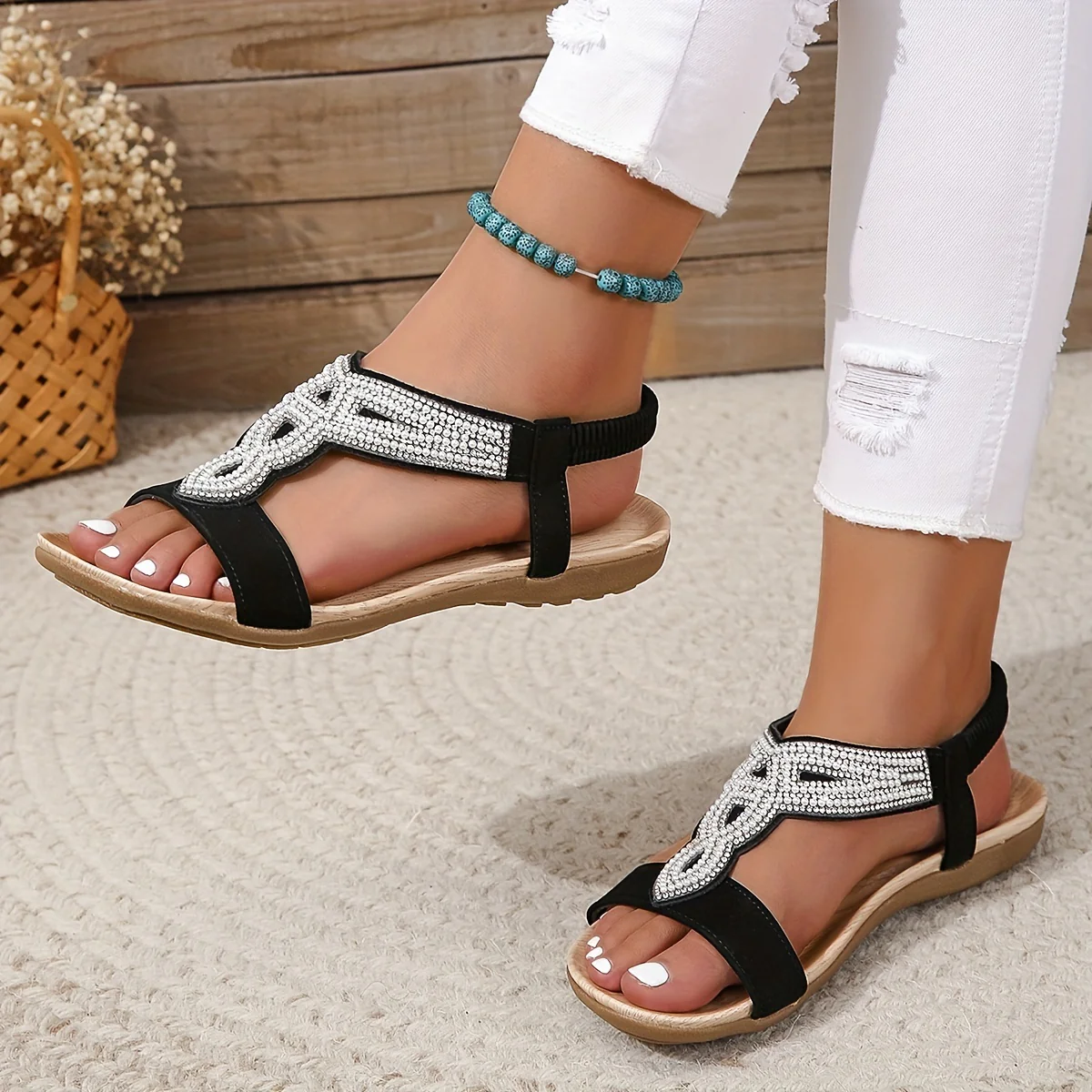 Women's Rhinestone Decor Flat Sandals, Casual Slip On Elastic Band Shoes, Lightweight Summer Sandals - Image 2