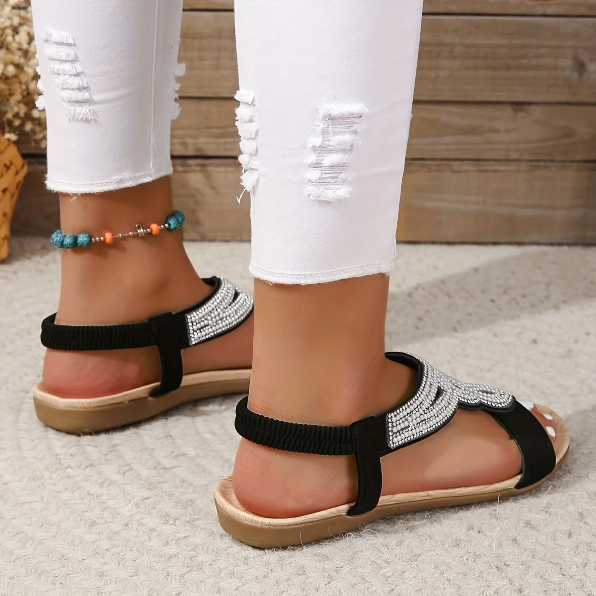 Women's Rhinestone Decor Flat Sandals, Casual Slip On Elastic Band Shoes, Lightweight Summer Sandals - Image 5
