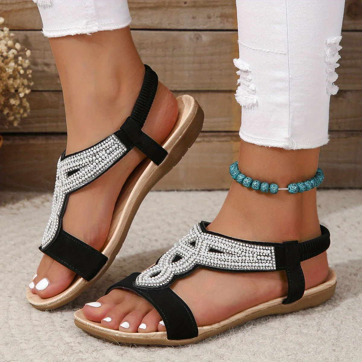 Women's Rhinestone Decor Flat Sandals, Casual Slip On Elastic Band Shoes, Lightweight Summer Sandals - Image 7