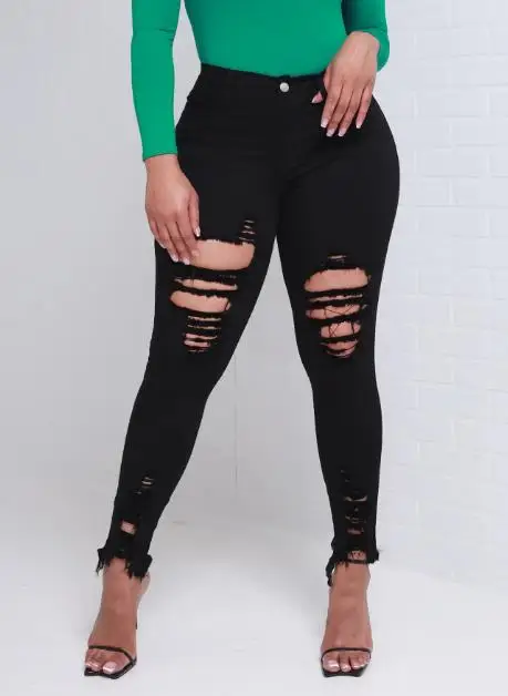 Women's Ripped Pencil Pants 2023 Fashion Street Hipster Personality Ripped Elastic Skinny Denim Trousers Sexy Black Pencil Pants