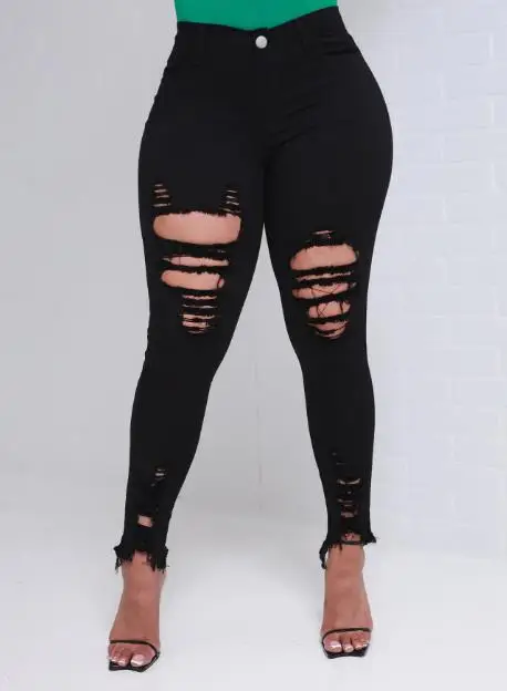 Women's Ripped Pencil Pants 2023 Fashion Street Hipster Personality Ripped Elastic Skinny Denim Trousers Sexy Black Pencil Pants - Image 5