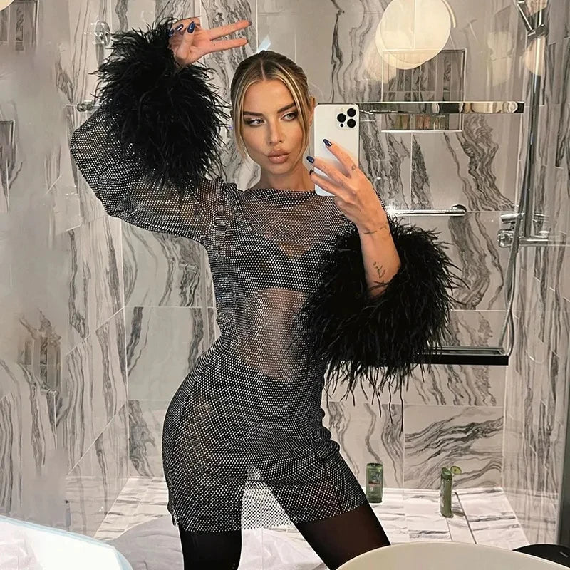 Womens Round Neck Feather Decorated Long Sleeve Hollow Out See-through High Waist Mesh Shiny Mini Party Dresses - Image 4