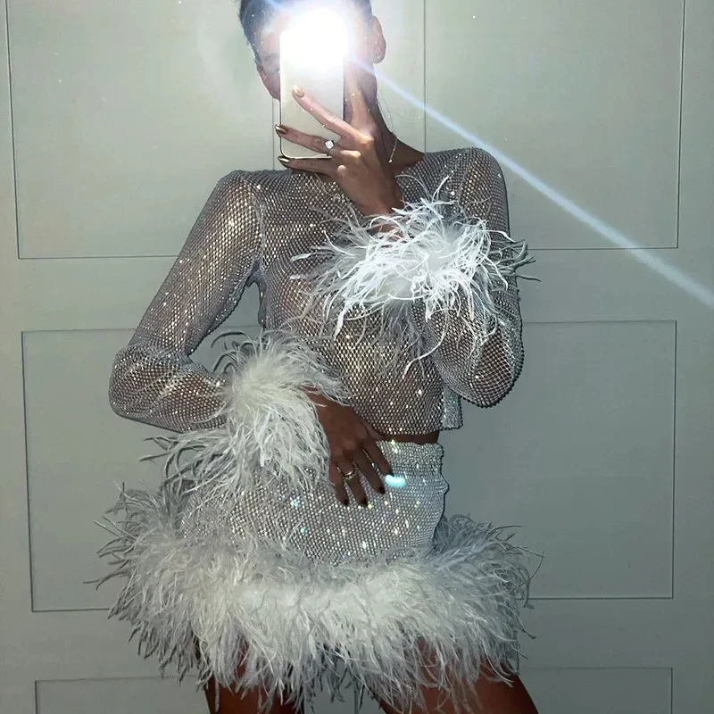 Womens Round Neck Feather Decorated Long Sleeve Hollow Out See-through High Waist Mesh Shiny Mini Party Dresses - Image 6