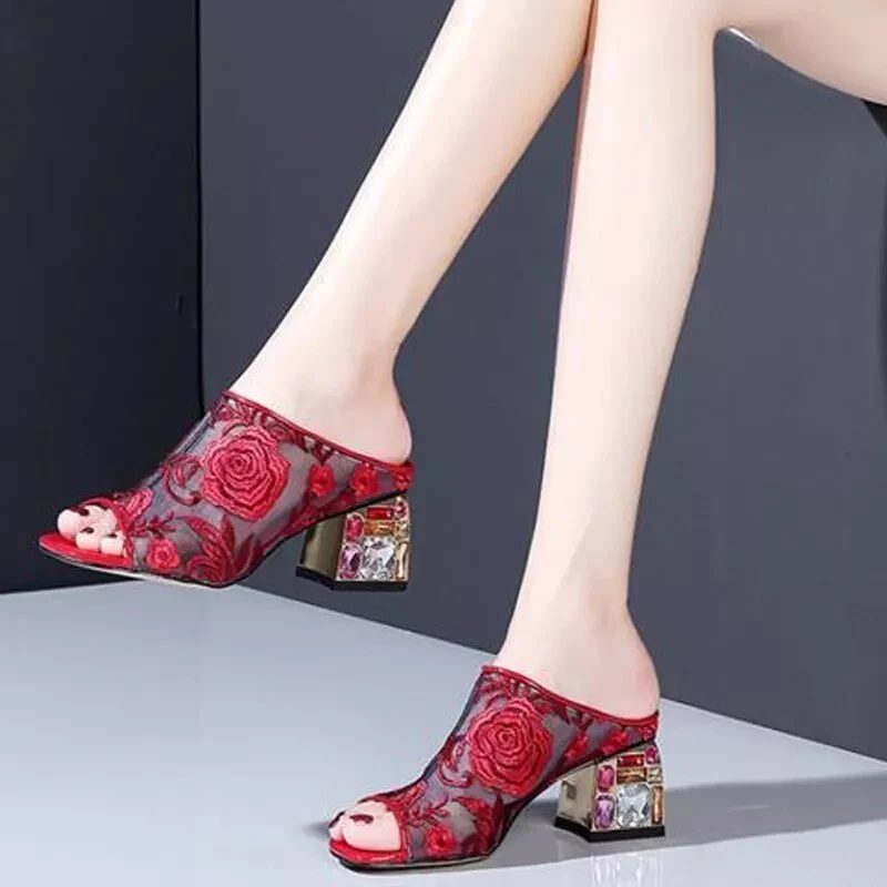 Women's Sandals Ladies Pumps Mesh Square Heel Summer Shoes Slipper Fashion Sexy Slip On Flower Women Comfortable Female Footwear