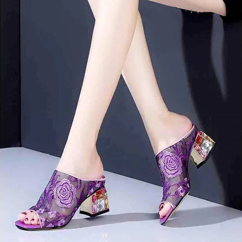 Women's Sandals Ladies Pumps Mesh Square Heel Summer Shoes Slipper Fashion Sexy Slip On Flower Women Comfortable Female Footwear - Image 6
