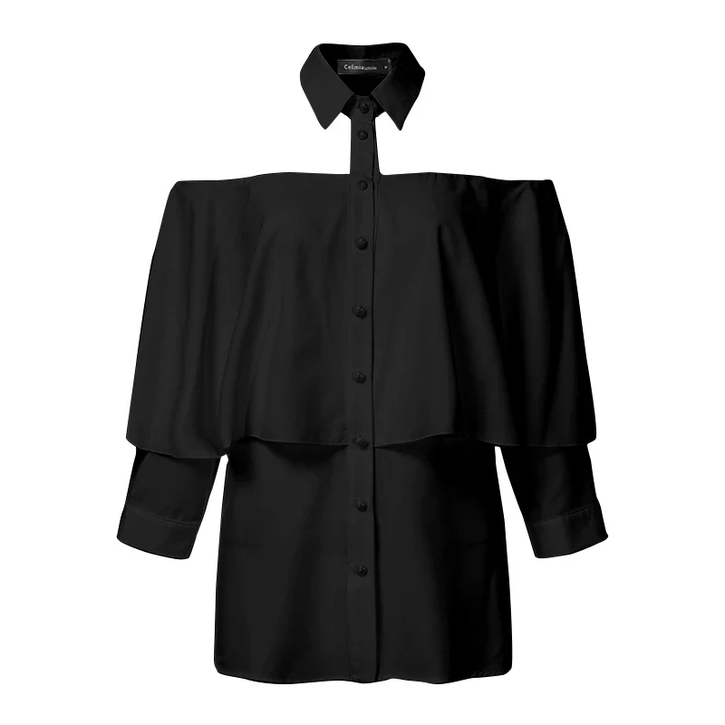 Women's Sexy Blouse 2023 Celmia Party Cold Shoulder Halter Women Shirt Ruffles Solid Office Casual Top Autumn Buttons Blusas - Image 7