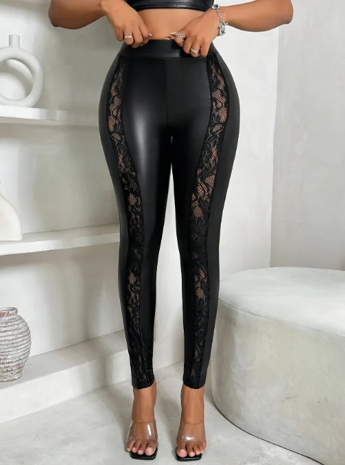 Women's Sexy Pants 2024 Spring Fashion Mesh Panel Belt Buckle High Waist Zipper Casual Tight Elastic Daily Pants Y2K Street Wear - Image 5