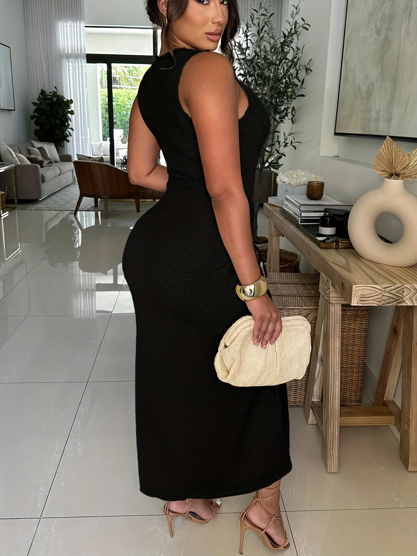 Womens Sexy Summer Dresses Sleeveless Round Neck Thigh-high Slit Ruched Bodycon Maxi Club Cocktail Party Dress - Image 9
