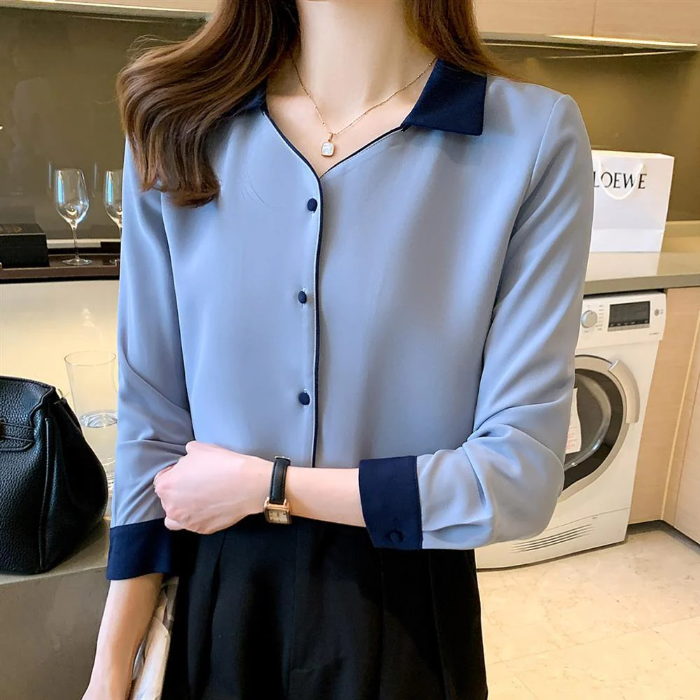 Women's Shirt Solid Basic Chiffon Shirts 2023 Spring Autumn New Commuter Work Wear Long Sleeve Lapel Blouse Female Clothing 3XL - Image 2