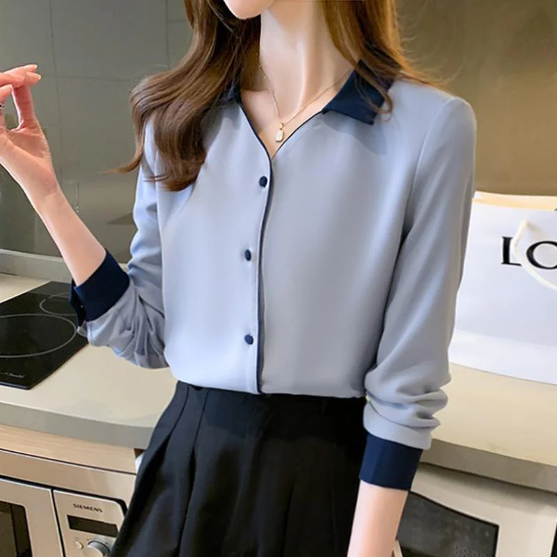 Women's Shirt Solid Basic Chiffon Shirts 2023 Spring Autumn New Commuter Work Wear Long Sleeve Lapel Blouse Female Clothing 3XL - Image 3