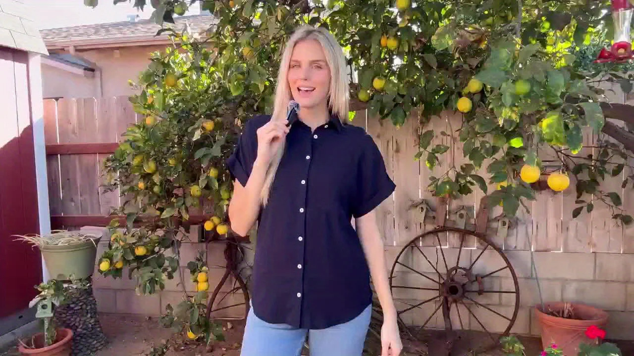 Women'S Short Sleeve V-Neck Button-Up Shirt with Pockets - Light Gray, Casual Summer Top, Perfect for Vacation or Casual Attire, Vacation Clothing | Buttonup Shirt | Glossy Texture - Image 11
