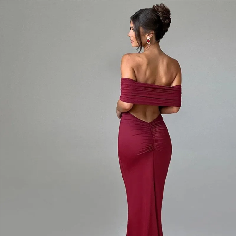 Women's Slim Sexy Strapless Long Dress Temperament Solid Color Hip Sleeveless Off-shoulder Backless Package Club Party Dresses - Image 5
