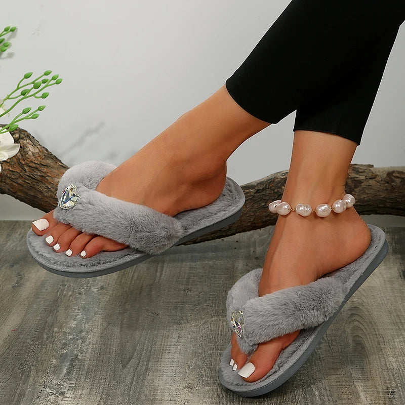 Women's Soft Sole Fur Flip Flops 2023 Autism Winter Heart Rhinestone Flat Heels Fluffy Slippers Woman Warm Plush Clip Toe Slides - Image 4