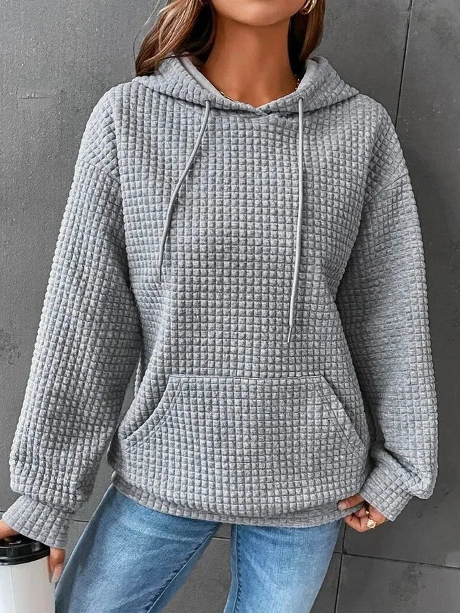 Women's Solid Color Sweatshirt Autumn/Winter Hooded Sweatshirt Waffle Round Neck Long Sleeve Sweatshirt - Image 10