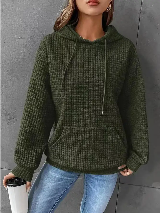 Women's Solid Color Sweatshirt Autumn/Winter Hooded Sweatshirt Waffle Round Neck Long Sleeve Sweatshirt - Image 11