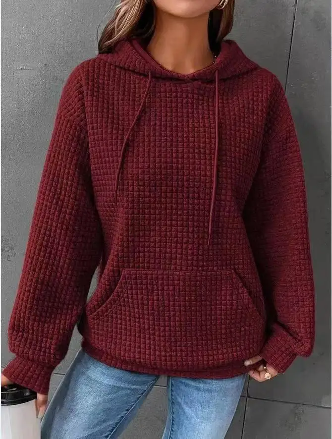 Women's Solid Color Sweatshirt Autumn/Winter Hooded Sweatshirt Waffle Round Neck Long Sleeve Sweatshirt - Image 14