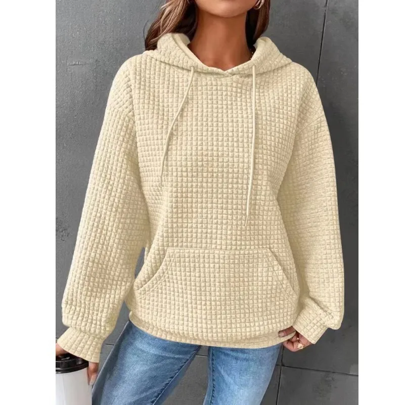 Women's Solid Color Sweatshirt Autumn/Winter Hooded Sweatshirt Waffle Round Neck Long Sleeve Sweatshirt - Image 16