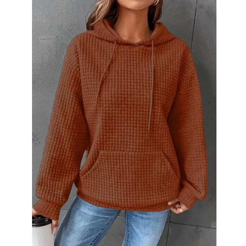 Women's Solid Color Sweatshirt Autumn/Winter Hooded Sweatshirt Waffle Round Neck Long Sleeve Sweatshirt - Image 17
