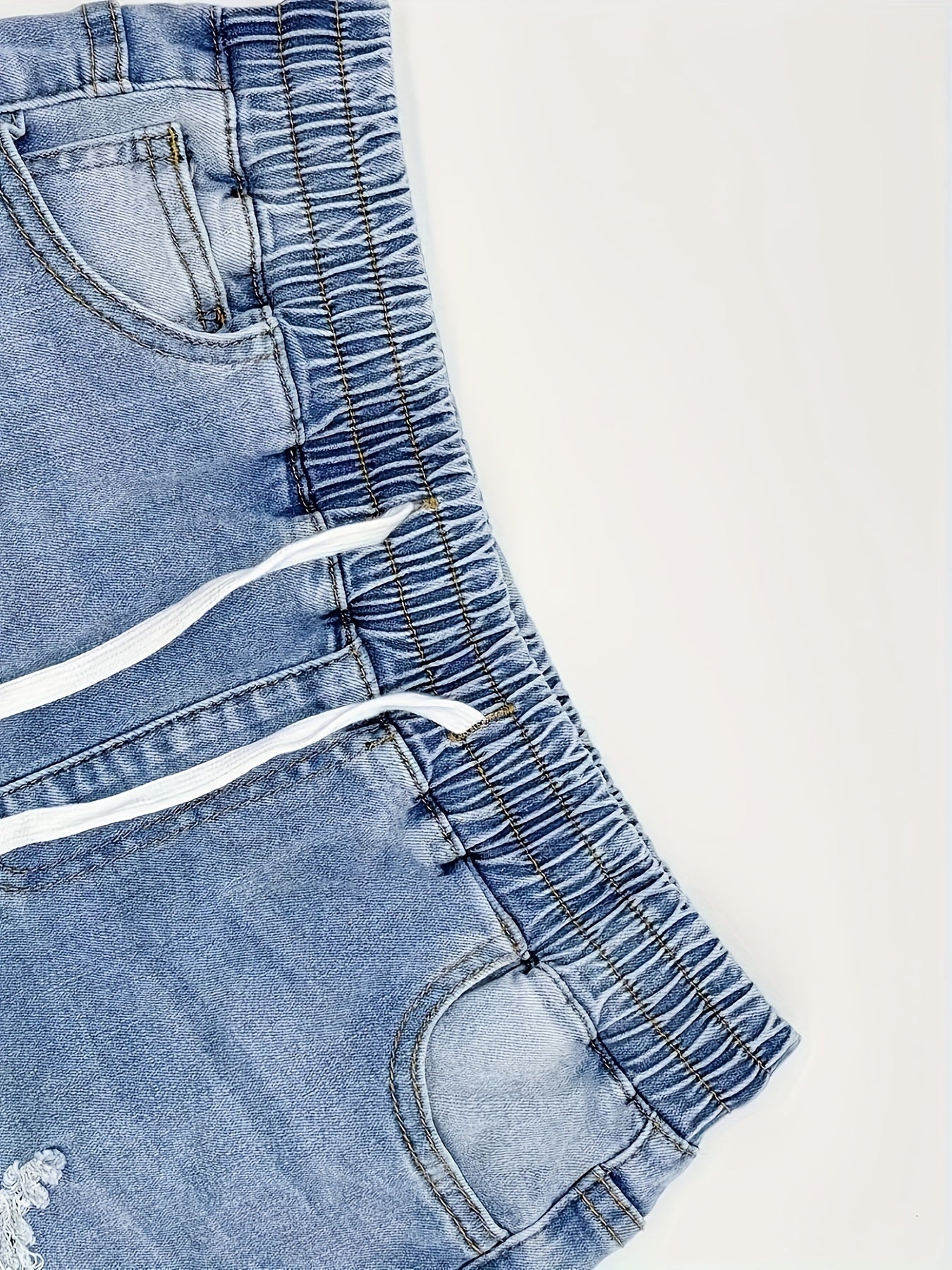 Women's Sporty Drawstring Denim Shorts, Casual Ripped Jean Hot Pants, Summer Fashion with Elastic Waistband - Image 8